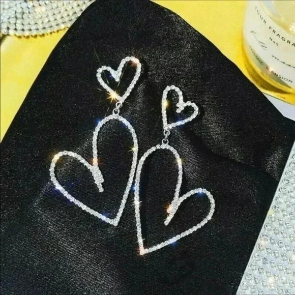 Glamorous Rhinestone Double Heart Drop Earrings NWT - Picture 1 of 3